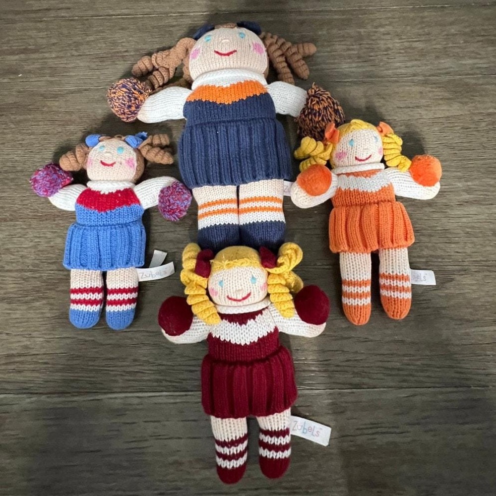 Zubels Hand Knit Cheerleader Plush Dolls Set of 4 Blue Orange Maroon Navy Cotton